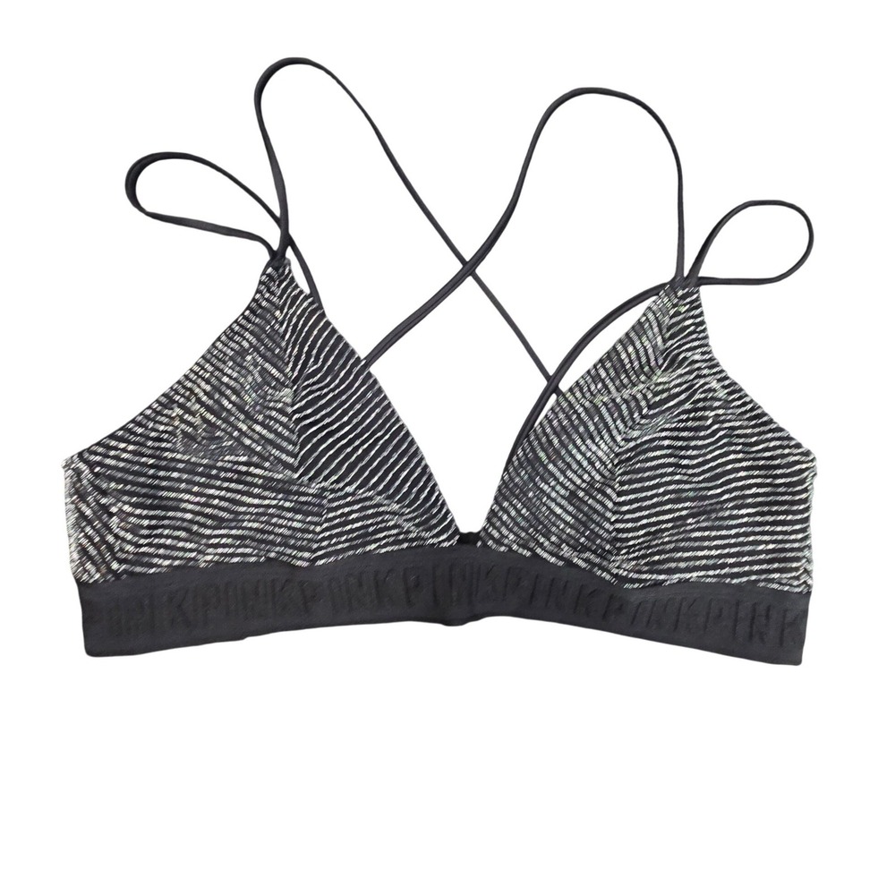 PINK Victoria's Secret Bralette‎ Black White Stripe Crisscross Straps Size Large